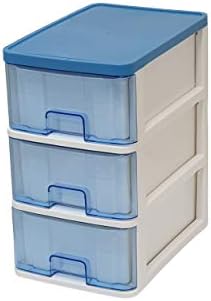 קופסת אחסון מפלסטיק ענקית מאקרו עם 3 מגירות שכבות, כחול לבן, 175 x 260 x 305 ממ, סט 1, אחסון נייר מכתבים, אחסון אביזרי