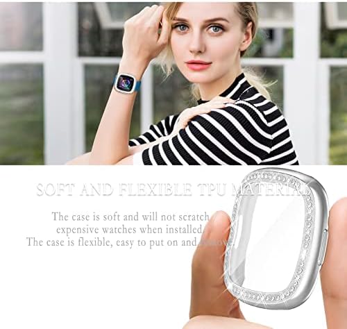 מקרים של Bling התואמים ל- Fitbit Versa 4/Sense 2 Protector Protector, Bling Diamonds + TPU רך שעון כיסוי מסך HD מסך מסך
